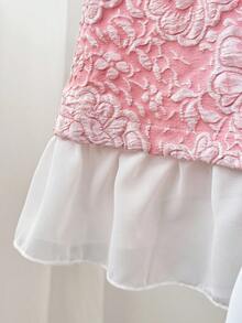 Sweetra Slimming Waist Jacquard Square Neck Short Sleeve Pink Dress - Pink - View 5