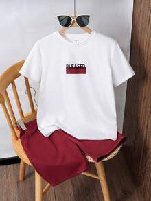 SHEIN Bộ đồ 2 món cho bé trai tuổi teen, kiểu dáng thường ngày, thoải mái, thời trang, đơn giản, đa năng, mềm mại và dễ chịu, gồm áo thun ngắn tay in chữ tương phản và quần short, phù hợp cho mặc hàng ngày, đi học, du lịch, thể thao, mùa xuân và mùa hè. - Nhiều màu - Xem 4