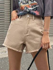DAZY Raw Hem Wide Leg Denim Shorts, Mom Shorts - Khaki - View 4