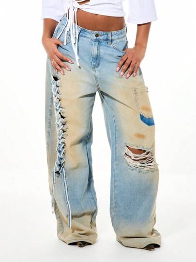 SUMWON WOMEN Distressed Wide Leg Jeans With Macrame Lace Up Side Detail Ripped Knee Patch Pockets Vintage Wash Denim Pants For Women Fall Winter Casual