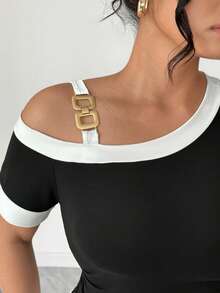 Elenzga Áo kiểu trễ vai thanh lịch, thoải mái, bất đối xứng, phối màu tương phản, dành cho người có thân hình mũm mĩm. - Đen và trắng - Xem 3