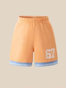 SHEIN Explorewe Young Girl Striped Print Contrast Trim V-Neck Short Sleeve T-Shirt And Elastic Waist Shorts Set - Coral Orange - View 5