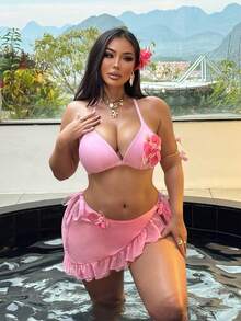 Swim SXY Bộ đồ bơi cỡ lớn, màu hồng với họa tiết hoa 3D thủ công, phong cách châu Âu gợi cảm. - Hồng - Xem 3