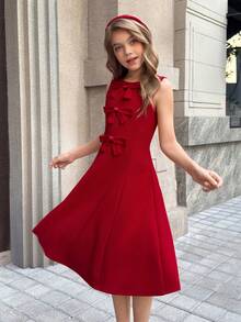 SHEIN Tween Girls' Elegant Red Bowknot Sleeveless Princess Party Dress, Suitable For New Year - Red - View 3