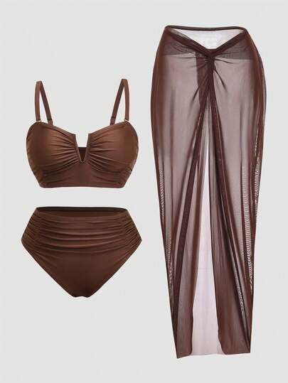 Swim Oasis Plus Size Women's Summer Beach Vacation Solid Color Ruched Bikini Set Set With Sheer Cover-Up Skirt 3 Pieces Set