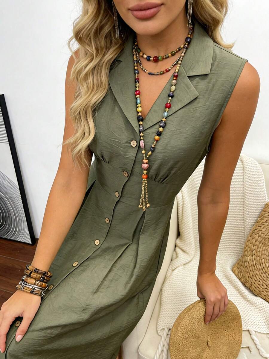 SHEIN Holidaya 女士新款翻领无袖纽扣装饰腰部中长连衣裙，波西米亚风格旅行装 - 綠色 - 查看 1