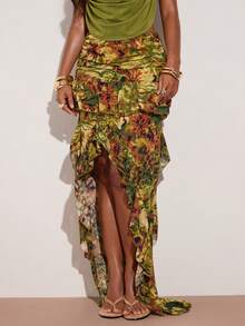 SHEIN BAE Tropical Animal & Plant Print Chiffon Asymmetrical Layered Ruffle Hem Skirt, Suitable For Vacation, Evening Party, Summer Party, Beach, Brunch, Layered Ruffle Hem Skirt, Patterned Skirt - Green - View 7