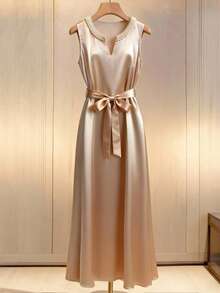 GlowEve Women's Sleeveless Apricot Acetate Dress, Elegant Pearl Trim Design Dress, Everyday Wear - Champagne - View 1