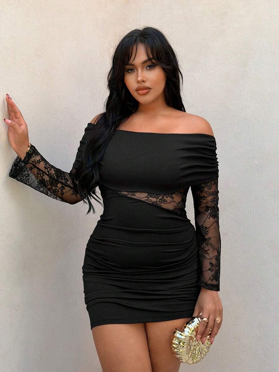 Rustia Gaun Hitam Wanita Ukuran Plus Tanpa Bahu dengan Detail Kerut, Gaun Bodycon Ruffle Lengan Panjang Berlubang Renda, Gaun Malam Formal Elegan untuk Pesta Klub Musim Gugur - Hitam - View 1