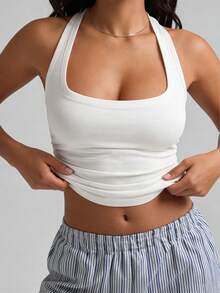 INAWLY Solva Women's Solid Color Square Neck Sleeveless Fitted Casual Cropped Tank Top - White - View 2