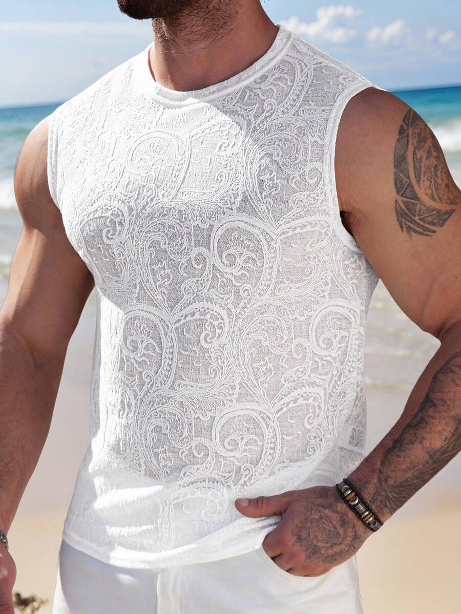 ResortEase Men's Solid Color Crew Neck Sleeveless Fashionable Retro Summer Tank Top, Holiday Vacation White Sexy Breezy - White - View 1