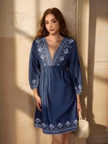 Selenza Women's Floral Embroidery Deep V-Neck Long Sleeve Sexy Denim Dress - Blue - View 2