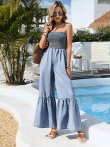 SHEIN 女士度假连体裤，带口袋、荷叶边下摆和细肩带 - 中等水洗藍 - 查看 5