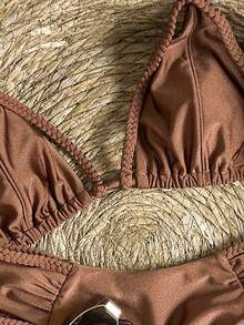 Swim Chiccia Sexigt bikiniset med pärlor och halterneck för kvinnor, glansigt tyg, flätat repdesign, lämpligt för strandsemester - Brun - Visa 7