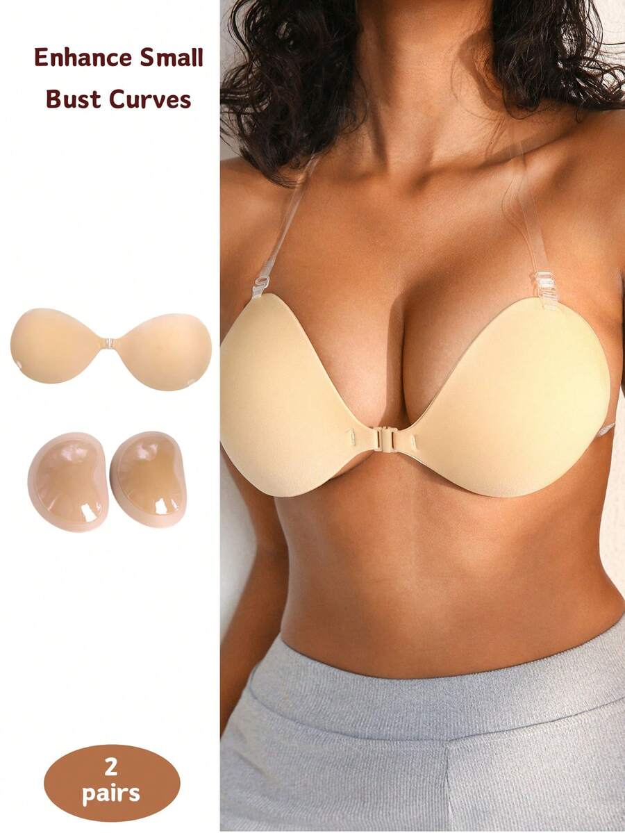 NudeFit Skin-Colored 8-Hole Heart-Shaped Nipple Covers&Reusable Invisible Bra Pads Combo Set,Sticky Strapless Backless Push Up Bra For Women,Wedding Guest - Khaki - View 1