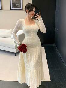 DAZY 春夏白色蕾丝连衣裙，优雅迷人，适合情人节、婚礼、派对、宴会、时尚活动等场合，修身剪裁，透视网纱，鱼尾下摆，长袖中长连衣裙，女士吊带裙 - 杏色 - 查看 2
