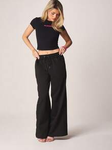 Missguided x Playboy Quần jogger ống rộng dáng suông, có dây rút và chun ở eo, thích hợp mặc hàng ngày và ở nhà. - màu đen - Xem 5