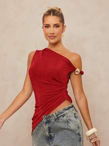 Lumalex Metal Decor Asymmetrical Twist Ruched Bodycon Top For Women - Red - View 5