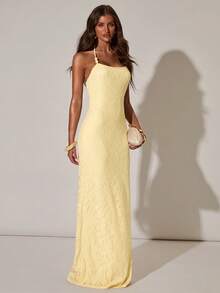 SHEIN BAE 女士休闲沙滩度假蕾丝纹理串珠装饰黄色露背连衣裙，黄色蕾丝连衣裙，适合沙滩度假、派对、约会，黄色长裙，优雅黄色蕾丝连衣裙 - 黃色 - 查看 8