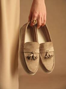 Rosivie Women's Comfortable Casual Round Toe Flat Slip-On Loafers, Khaki Knitted Moccasin Shoes, Fashionable Vacation - Khaki - View 6