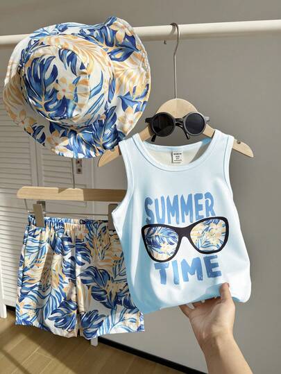 Set de 2 piezas para niño pequeño: Chaleco sin mangas con estampado de árbol de coco y gafas de sol, y shorts con estampado tropical de plantas, con gorra. Adecuado para uso diario casual, vacaciones, deportes y actividades al aire libre en verano