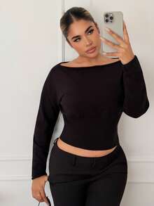 Maria Perezxox Women's Autumn/Winter Asymmetrical Shoulder Long Sleeve Tight Ribbed Brown Sweater,Fall - Black - View 1