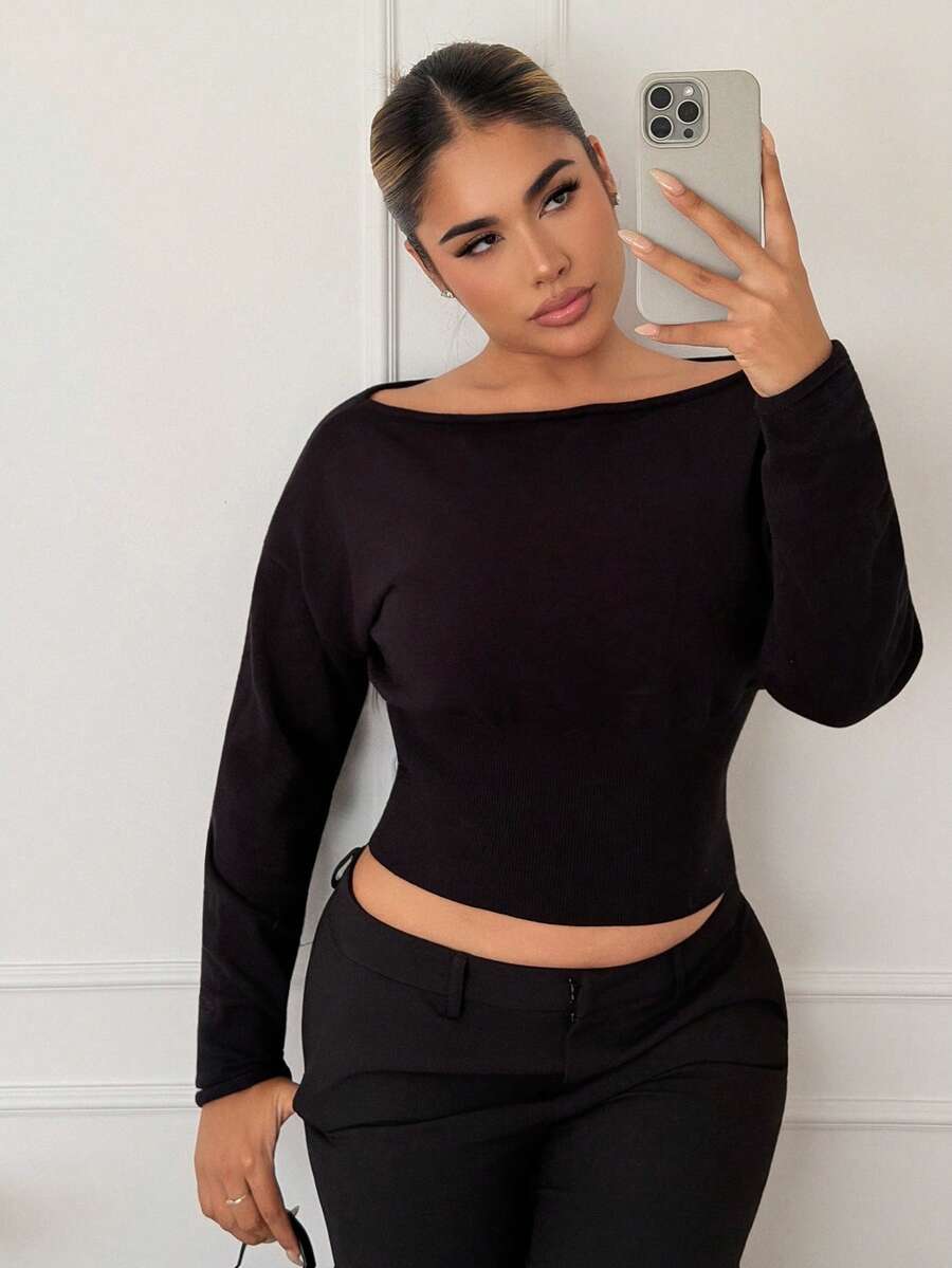 Maria Perezxox Women's Autumn/Winter Asymmetrical Shoulder Long Sleeve Tight Ribbed Brown Sweater,Fall - Black - View 1