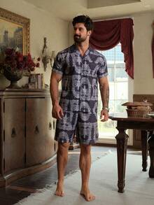 DAZY 男士印花短袖衬衫短裤睡衣套装，夏季 - 彩色 - 查看 5