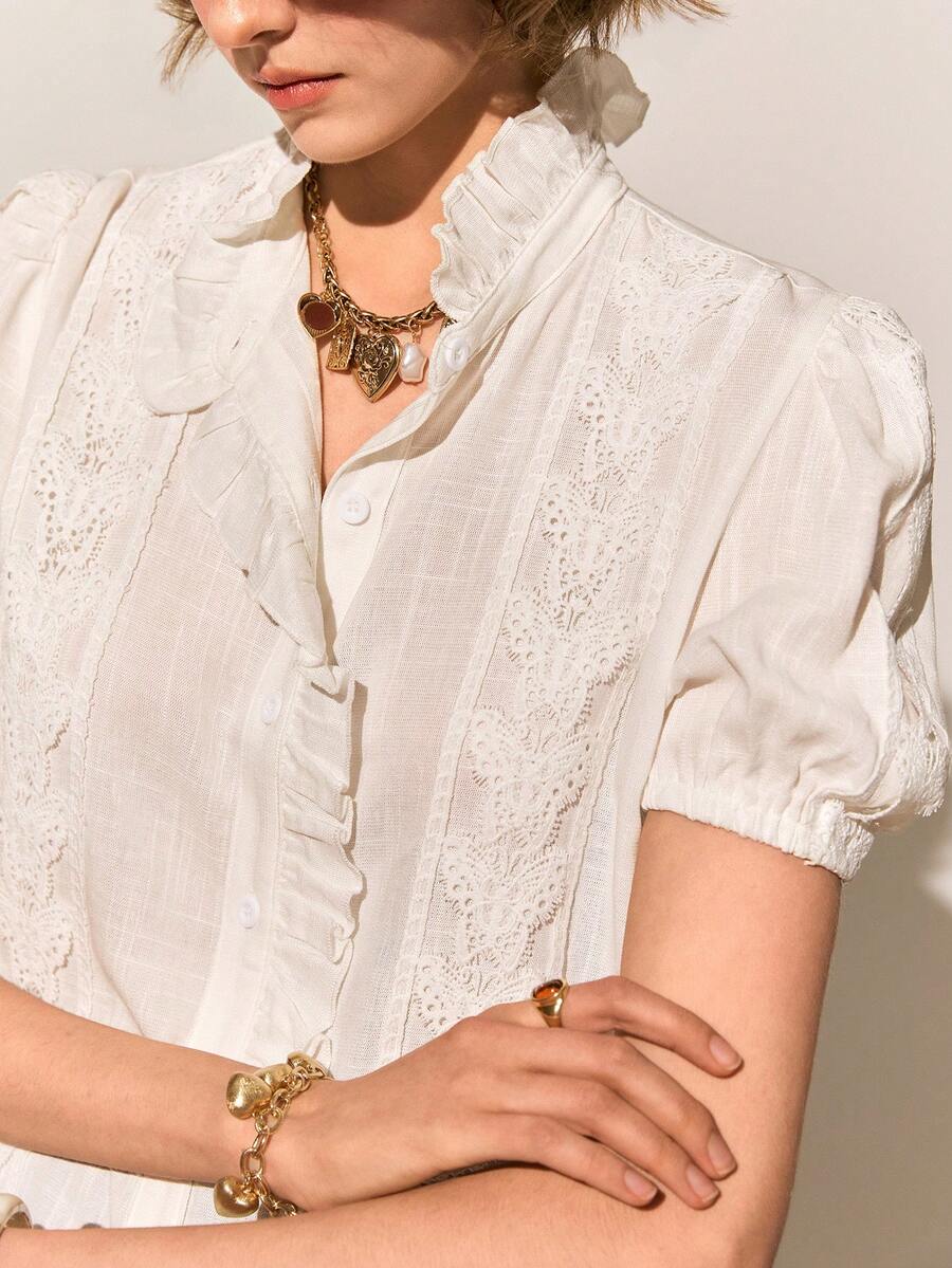 Poéselle 女士夏季休闲度假荷叶边撞色蕾丝短袖衬衫 - 白色 - 查看 1