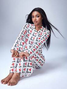 Y2Kool Maria Clara Maia Women's White Cupid All-Over Print Long-Sleeve Cropped Ribbed Top And Pants Pajama Set, Spring/Fall Style - White - View 7