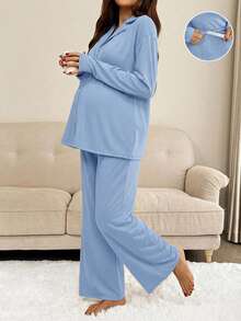 SHEIN Conjunto de gestante casual com 2 peças, blusa de manga comprida com botões frontais e calça. - Baby Azul - Ver 7
