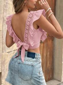 SHEIN Frenchy 女士纯色露背蝴蝶结衬衫 - 粉色 - 查看 9