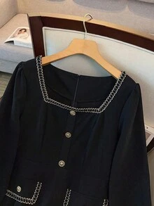 GlowEve CURVE Plus Size Women's Elegant Square Neck Lace Trim Metal Button Long Sleeve Bodycon A-Line Maxi Dress,Black Autumn Dinner Formal Gown Party Dress - Black - View 5