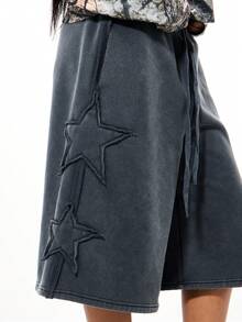 SUMWON WOMEN 阔腿牛仔短裤，饰有星星刺绣细节，中腰休闲夏季百慕大短裤款式，棉混纺面料，宽松版型 - 灰色 - 查看 4