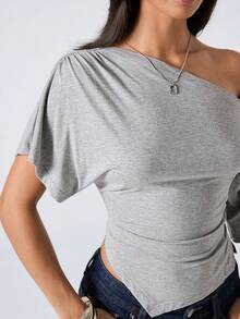 LYSMO 2026 新款极简主义春季/新款女士纯色不对称领口褶皱修身时尚T恤，夏季 - 灰色 - 查看 6