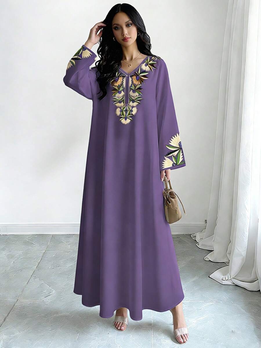 SHEIN Najma 女士碎花V领长袖连衣裙,优雅阿拉伯风格时尚服饰,春夏款 - 彩色 - 查看 1