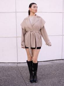 Andrea Bello Autumn And Winter Women's Commuter Fashion Trench Coat, Autumn Women's Trench Coat, Khaki Women's Trench Coat, Women's Autumn Clothing, Autumn And Winter Essentials, Trench Coat Casual Wear.,Fall - Khaki - View 3