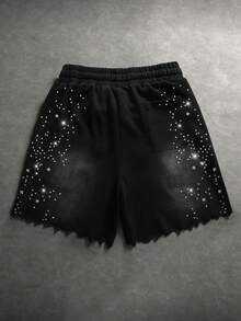 ROMWE MEN Pantalones cortos holgados con efecto desgastado y aplicaciones de rhinestones para hombre - Negro - Ver 2