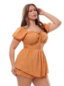 Solavibe Women Plus Size Orange Summer Boho Holiday Romper,Casual Square Neck Puff Sleeve Jumpsuit,Waist Cinching A-Line Layered Ruffle Hem Textured Fabric - Orange - View 6