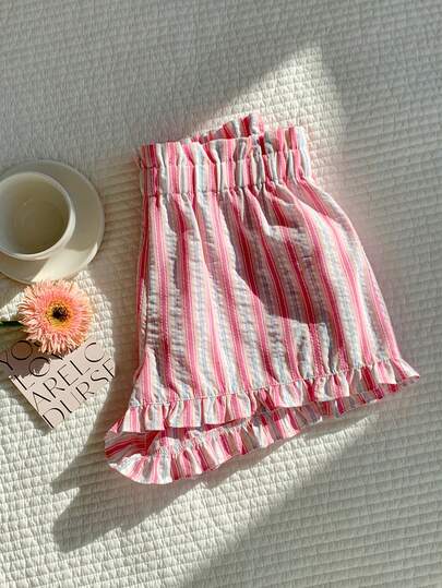 Comfortcana 2026 New Arrival Spring/Summer Women's Striped Elastic Waist Casual Versatile Daily Wear Shorts Summer Outfits For Women Spring Clothes Women Beach Outfits For Women Beach Shorts Going Out Outfits Vacation Outfits Women Pink Shorts Spring Outfit Stripe Shorts Ruffle Shorts