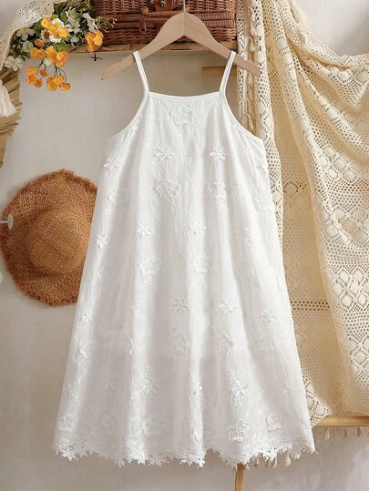 Vintaside Kids Girls' Embroidered Floral Trim Casual Drawstring Strap Sundress, Suitable For Outdoor, Vacation And Leisure Activities, Summer