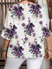 EMERY ROSE Plus Size Casual Minimalist Purple Floral Print V-Neck Shirt, Suitable For Summer - Multicolor - View 2
