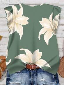 SHEIN LUNE Blusa casual con cuello en V y estampado floral, adecuada para el verano - Verde - Ver 2