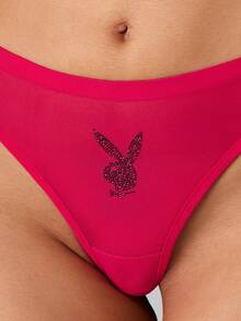 Missguided x Playboy Quần lót lọt khe hở cao đính logo thỏ Hotfix Graphic kèm trang trí đá Rhinestone - Màu Hồng Tươi - Xem 4