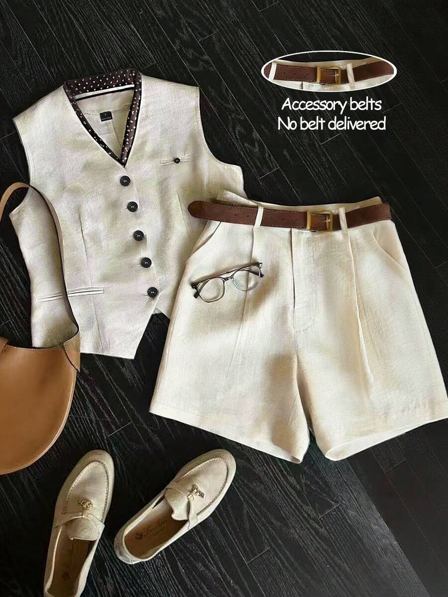 SHEIN Franclia Sleeveless V-Neck Minimalist Design Suit Set - Apricot - View 1