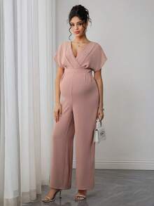 Momance Maternity Jumpsuit With Short Sleeves, V-Neck, Double Layer Design, Elastic Waist With Bow Tie, Zipper Back, Knitted Jacquard Straight Leg Pants - Dusty Pink - View 5