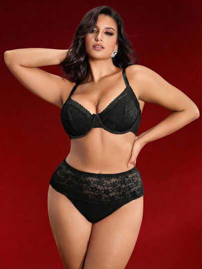 SHEIN Plus Size Solid Color Lace Patchwork Bra Set With Underwire