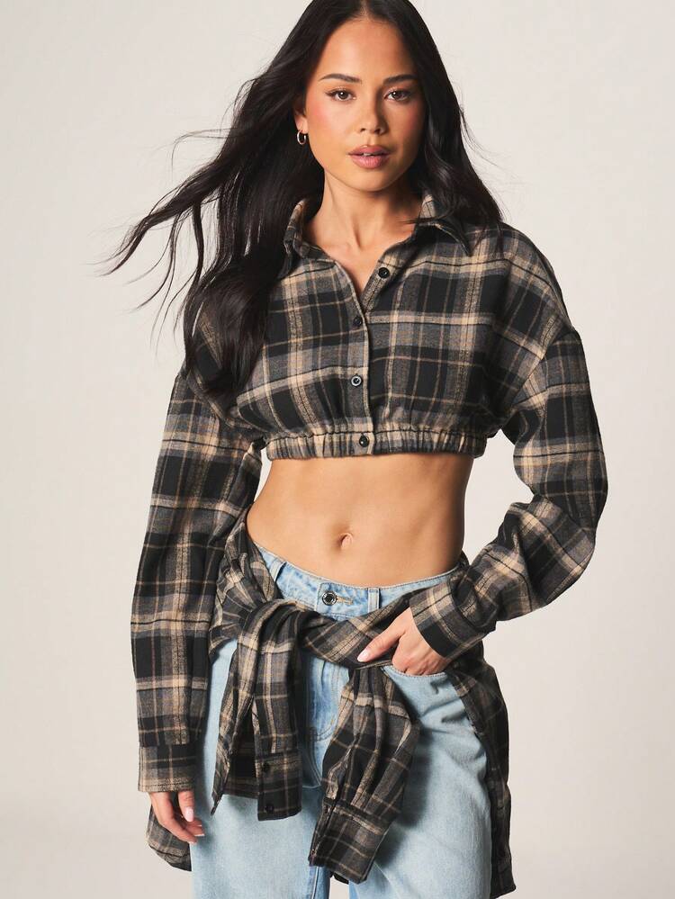 MISSGUIDED Krótka koszula w kratę z guzikami i elastyczną talią, bluzka w kratę z długim rękawem, idealna na jesień i zimę, do noszenia warstwowego