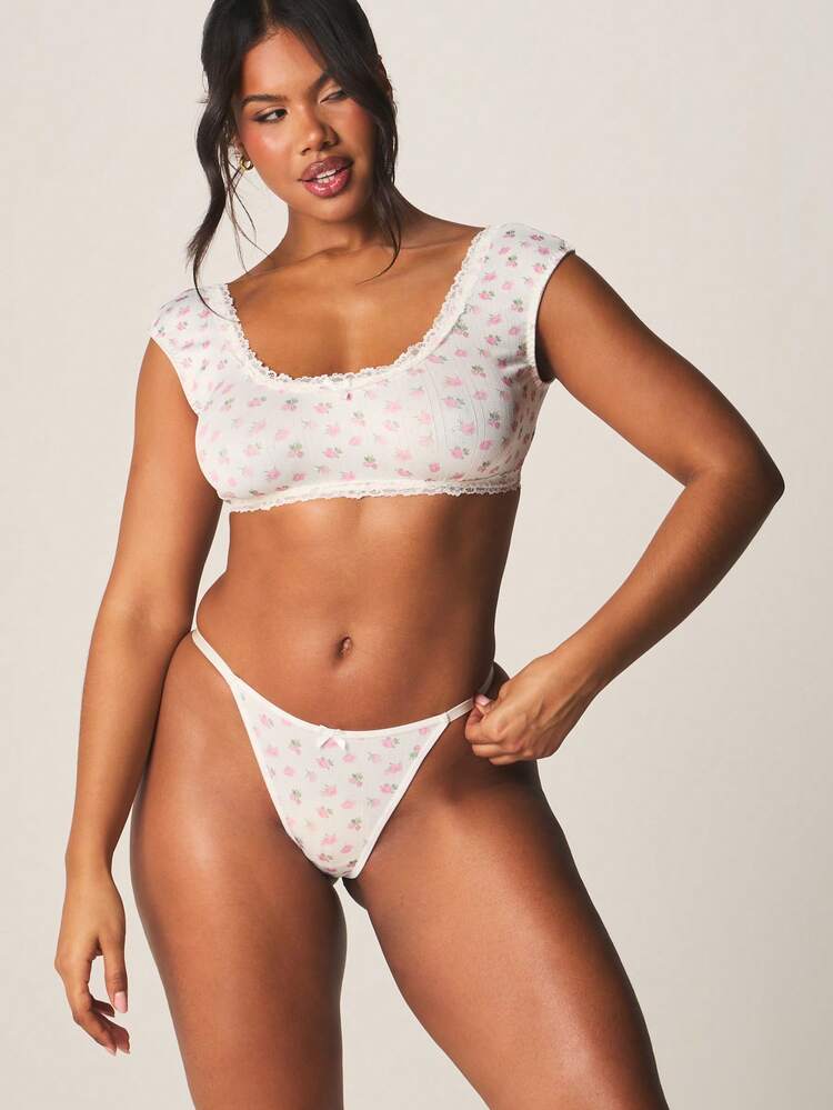 MISSGUIDED Ribbed Floral Print Thong With Lace Trim Delicate Pink Roses Pattern Soft Comfortable Underwear For Everyday Wear