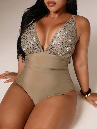 Auralis Plus Size Sequin Deep V Neck One-Piece Swimsuit Beach Outfits For Women Beach Vacation Outfits For Women Elegant Women's Beach Swimsuit Sequin Sexy Spring Outfit For Women Elegant Valentine's Day Outfit Spring Swimsuit For Women